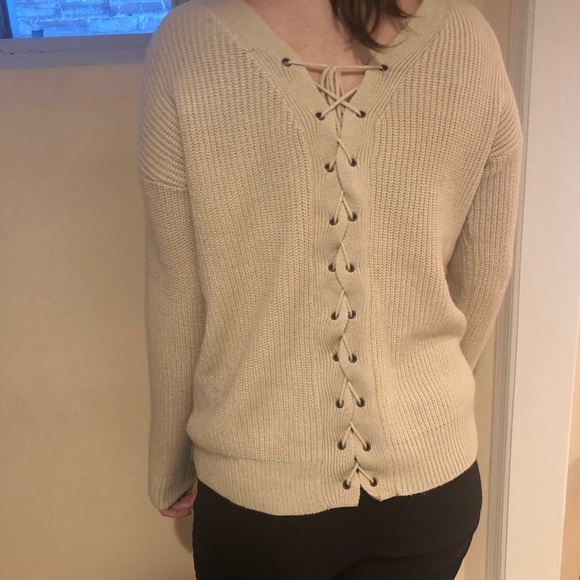 Unknown | Knit Sweater Tie Back Cream Taupe Top - Picture 3 of 8